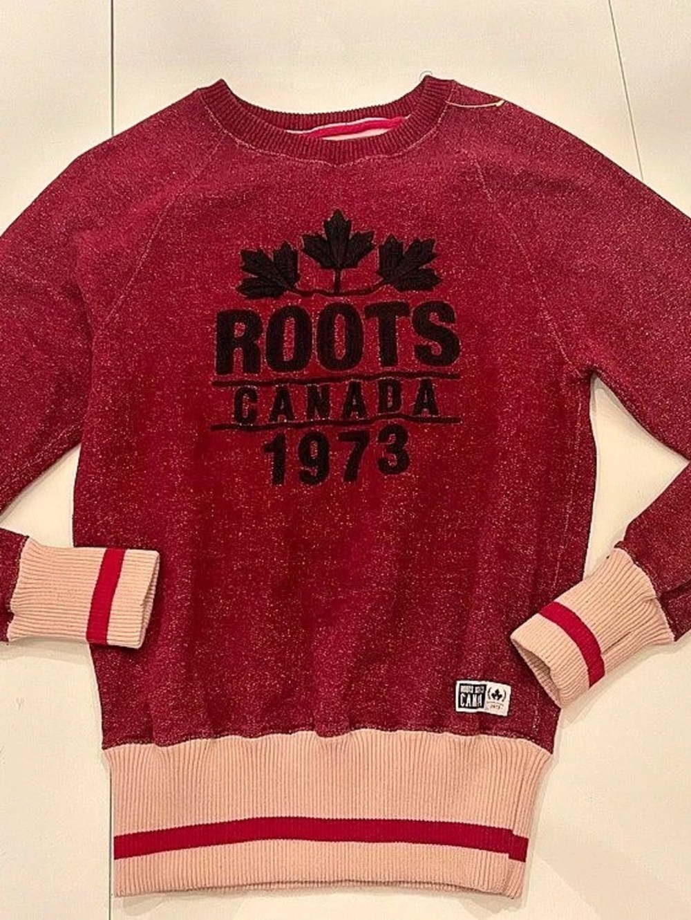 Roots Canada 1973 Chenille Logo Crewneck Sweater Red & Pink XXS-S